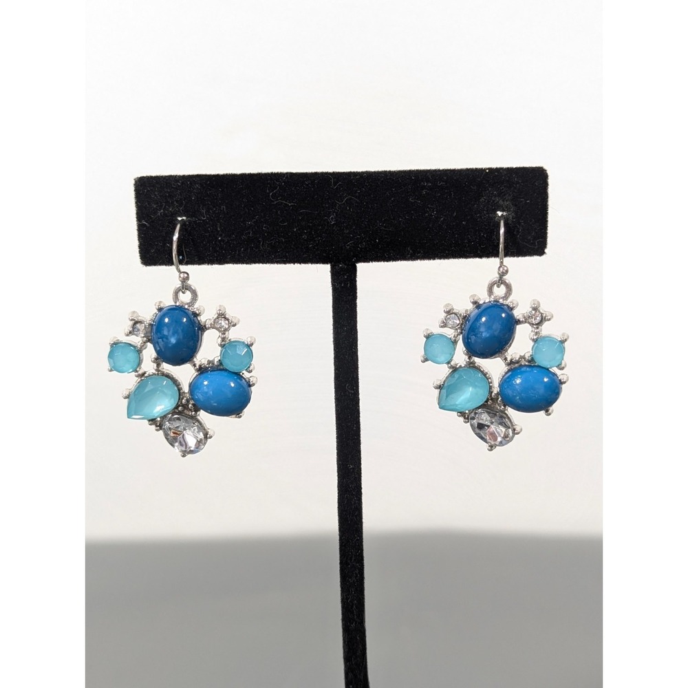 Boho Coastal Chic Blue Cabochon Rhinestone Cluster Dangle Earrings Silver Tone